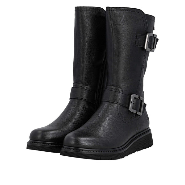 Remonte D3980-00 Ladies Wide Black Water Resistant Side Zip Mid-Calf Boots