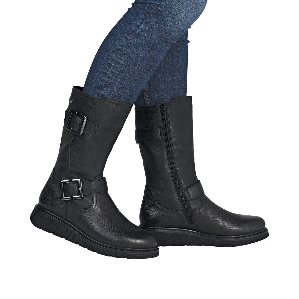 Remonte D3980-00 Ladies Wide Black Water Resistant Side Zip Mid-Calf Boots