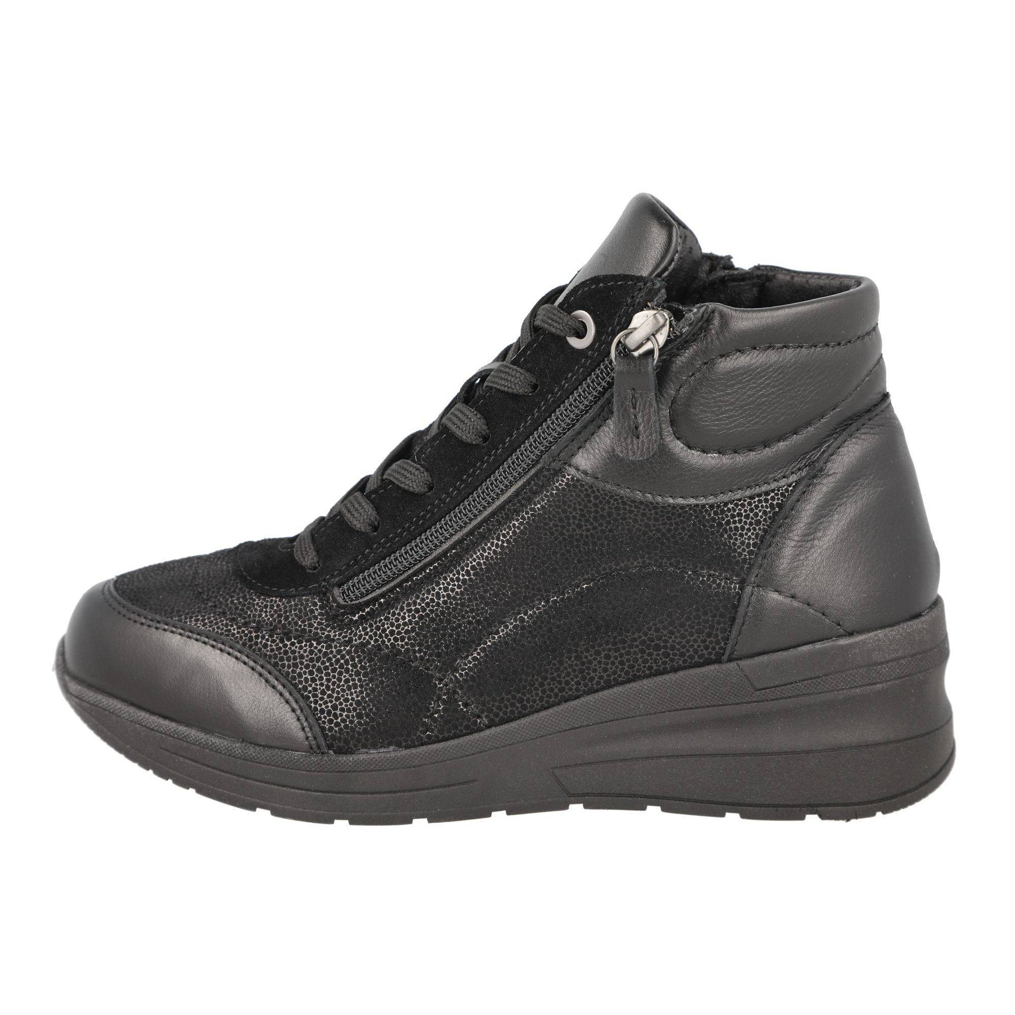 DB Shoes Antelope 2V Ladies Wide Black Leather & Textile Zip & Lace Ankle Boots-elevate your sole