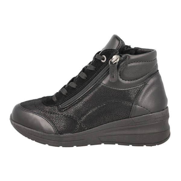 DB Shoes Antelope 2V Ladies Wide Black Leather & Textile Zip & Lace Ankle Boots-elevate your sole