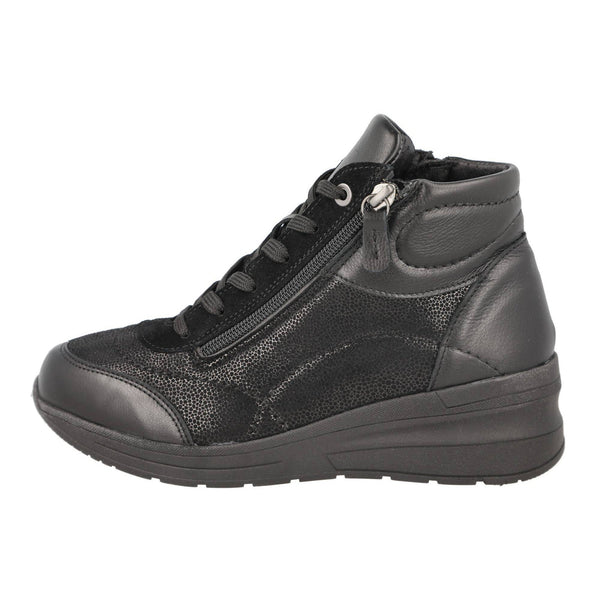 DB Shoes Antelope 2V Ladies Wide Black Leather & Textile Zip & Lace Ankle Boots-elevate your sole