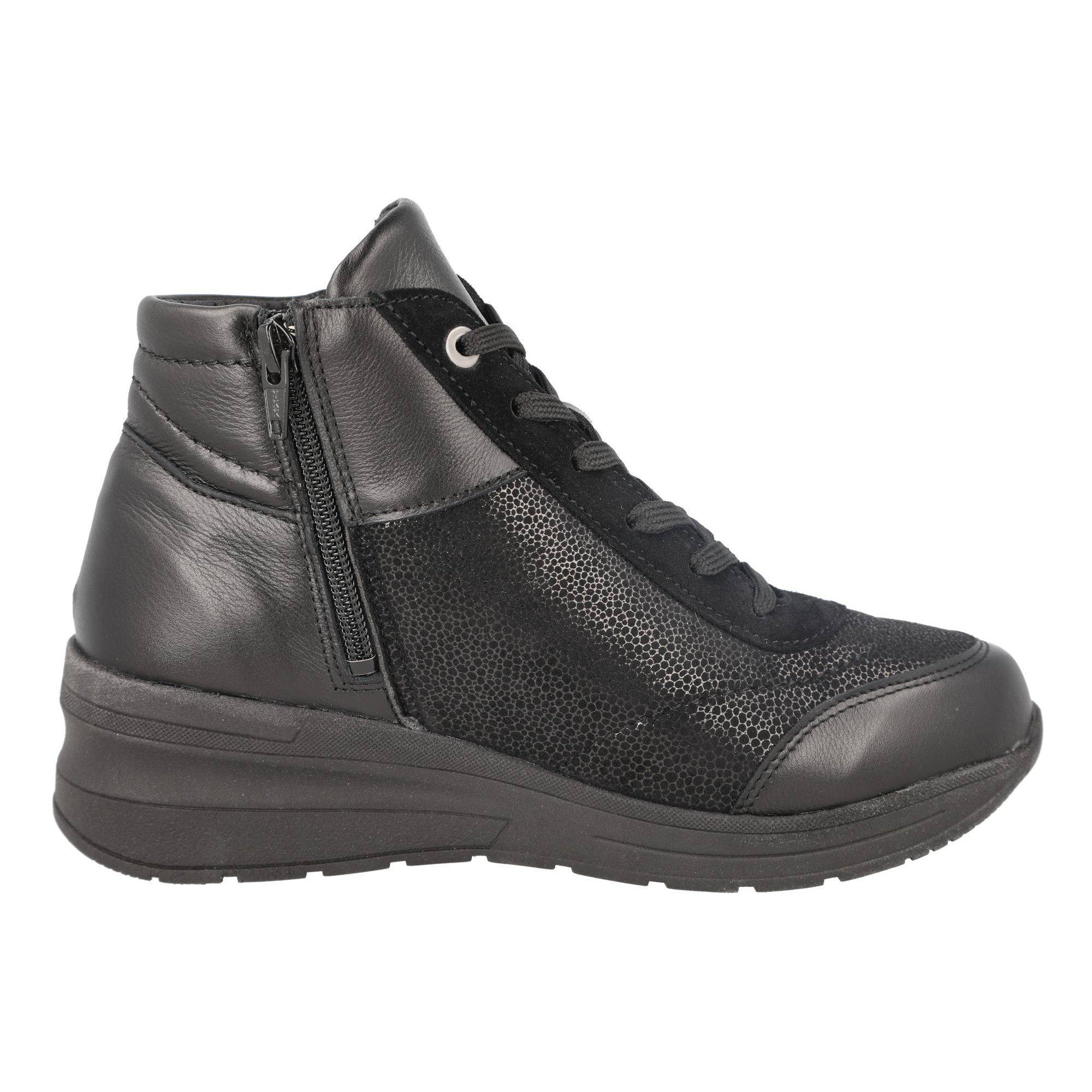 DB Shoes Antelope 2V Ladies Wide Black Leather & Textile Zip & Lace Ankle Boots-elevate your sole