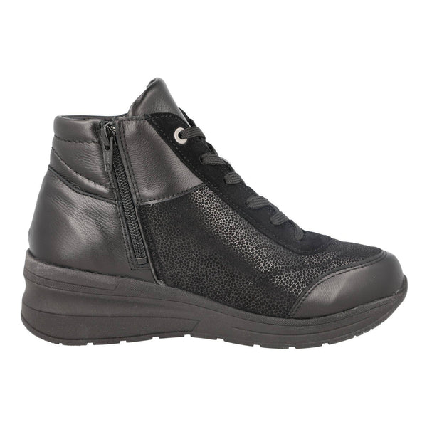 DB Shoes Antelope 2V Ladies Wide Black Leather & Textile Zip & Lace Ankle Boots-elevate your sole