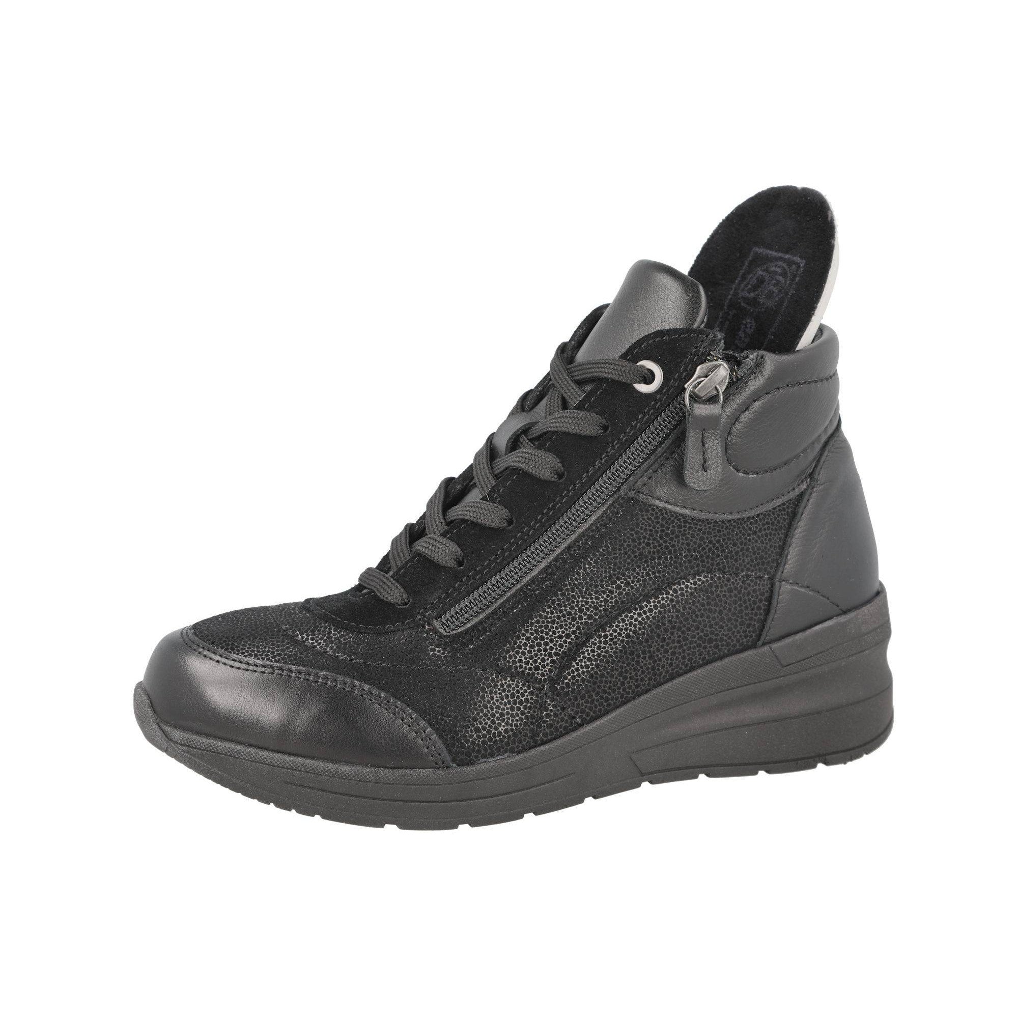 DB Shoes Antelope 2V Ladies Wide Black Leather & Textile Zip & Lace Ankle Boots-elevate your sole