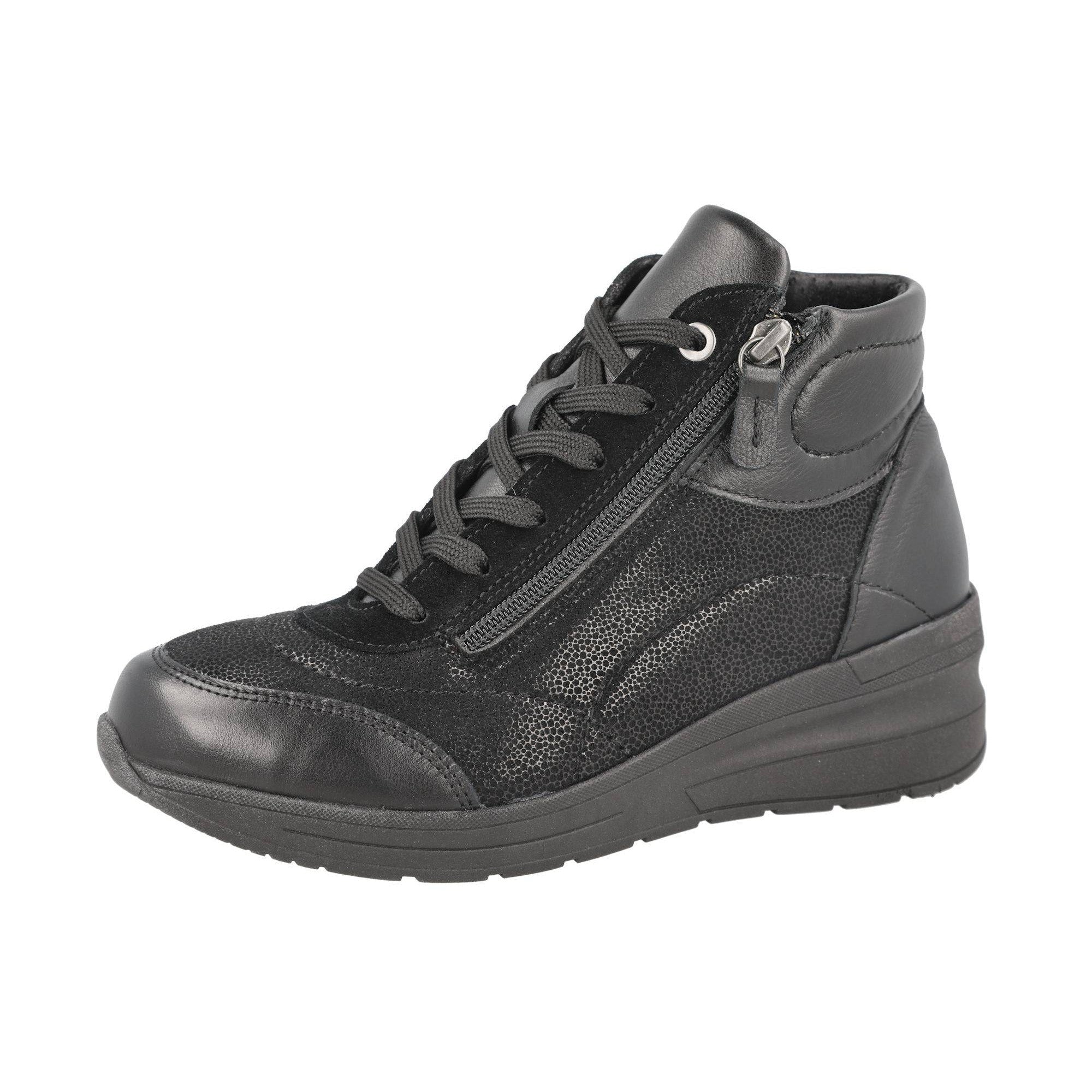 DB Shoes Antelope 2V Ladies Wide Black Leather & Textile Zip & Lace Ankle Boots-elevate your sole