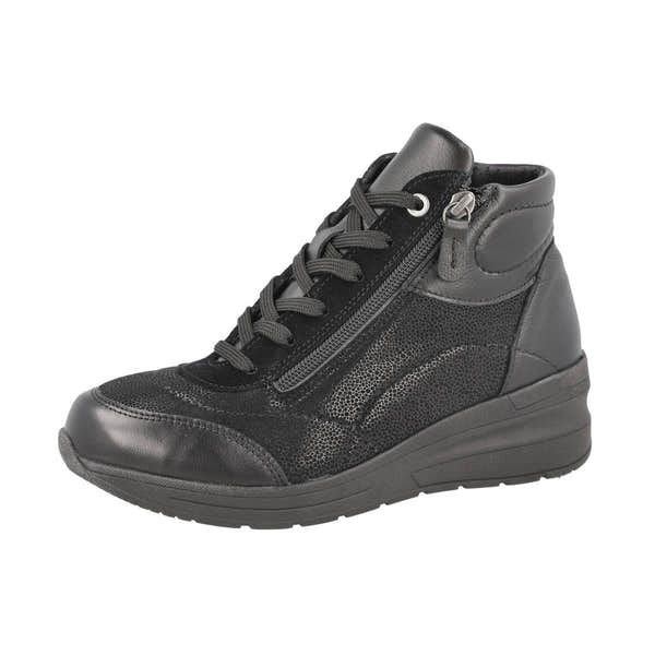 DB Shoes Antelope 2V Ladies Wide Black Leather & Textile Zip & Lace Ankle Boots-elevate your sole