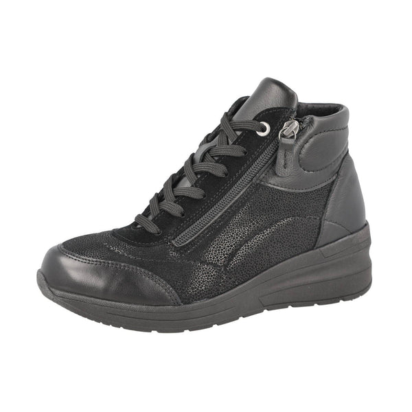 DB Shoes Antelope 2V Ladies Wide Black Leather & Textile Zip & Lace Ankle Boots-elevate your sole