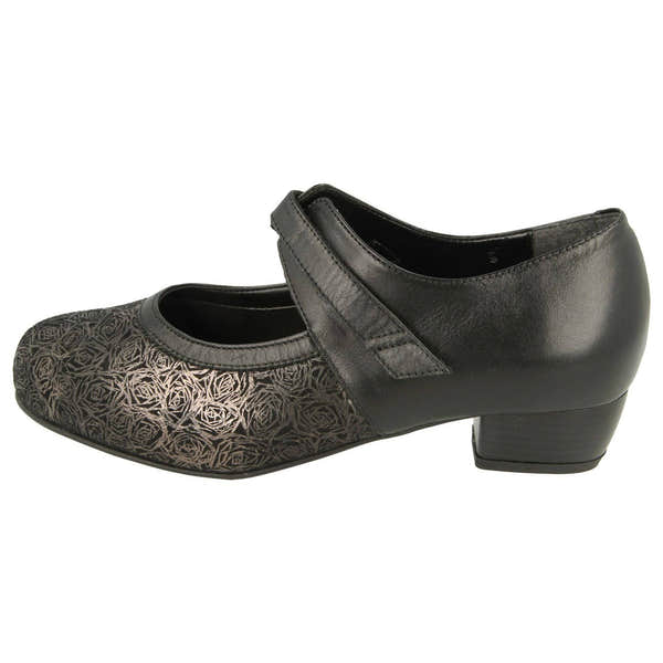DB Shoes Constance 59100A Ladies Black Leather & Textile Touch Fastening Heels-elevate your sole