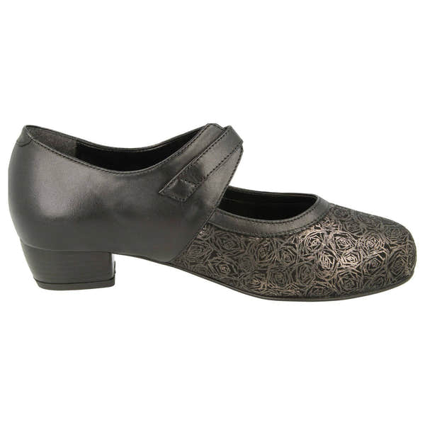 DB Shoes Constance 59100A Ladies Black Leather & Textile Touch Fastening Heels-elevate your sole