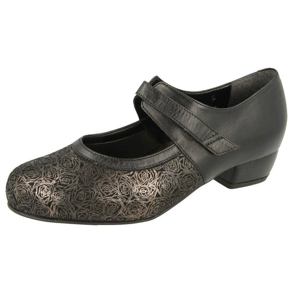 DB Shoes Constance 59100A Ladies Black Leather & Textile Touch Fastening Heels-elevate your sole