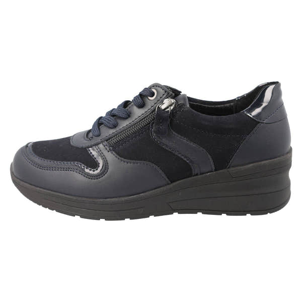 DB Shoes Fleet 2V Ladies Wide Navy Leather Zip & Lace Trainers-elevate your sole