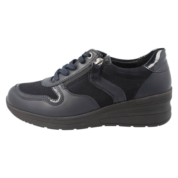 DB Shoes Fleet 2V Ladies Wide Navy Leather Zip & Lace Trainers-elevate your sole