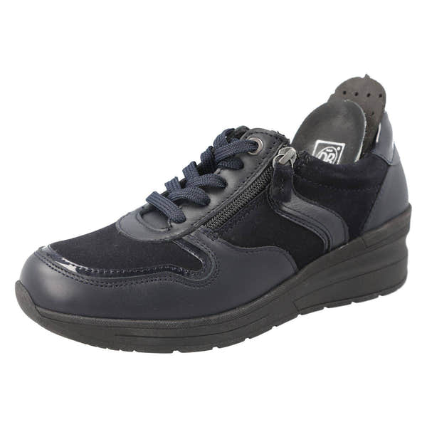 DB Shoes Fleet 2V Ladies Wide Navy Leather Zip & Lace Trainers-elevate your sole