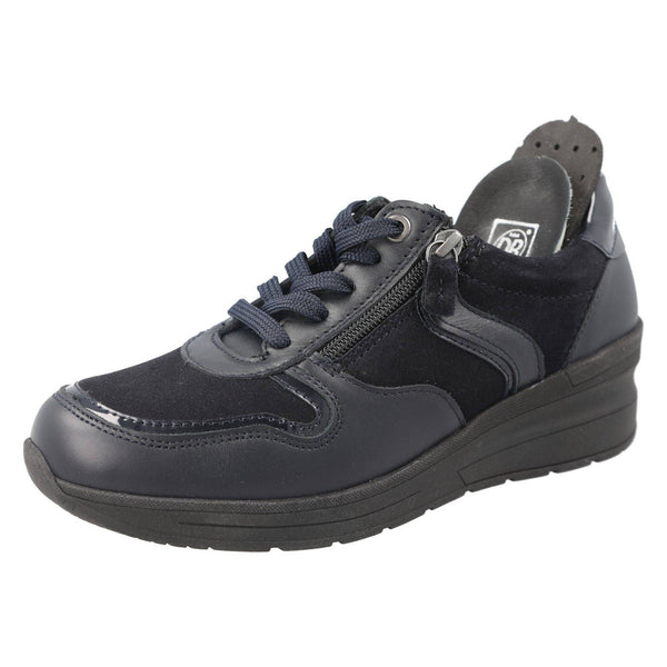 DB Shoes Fleet 2V Ladies Wide Navy Leather Zip & Lace Trainers-elevate your sole