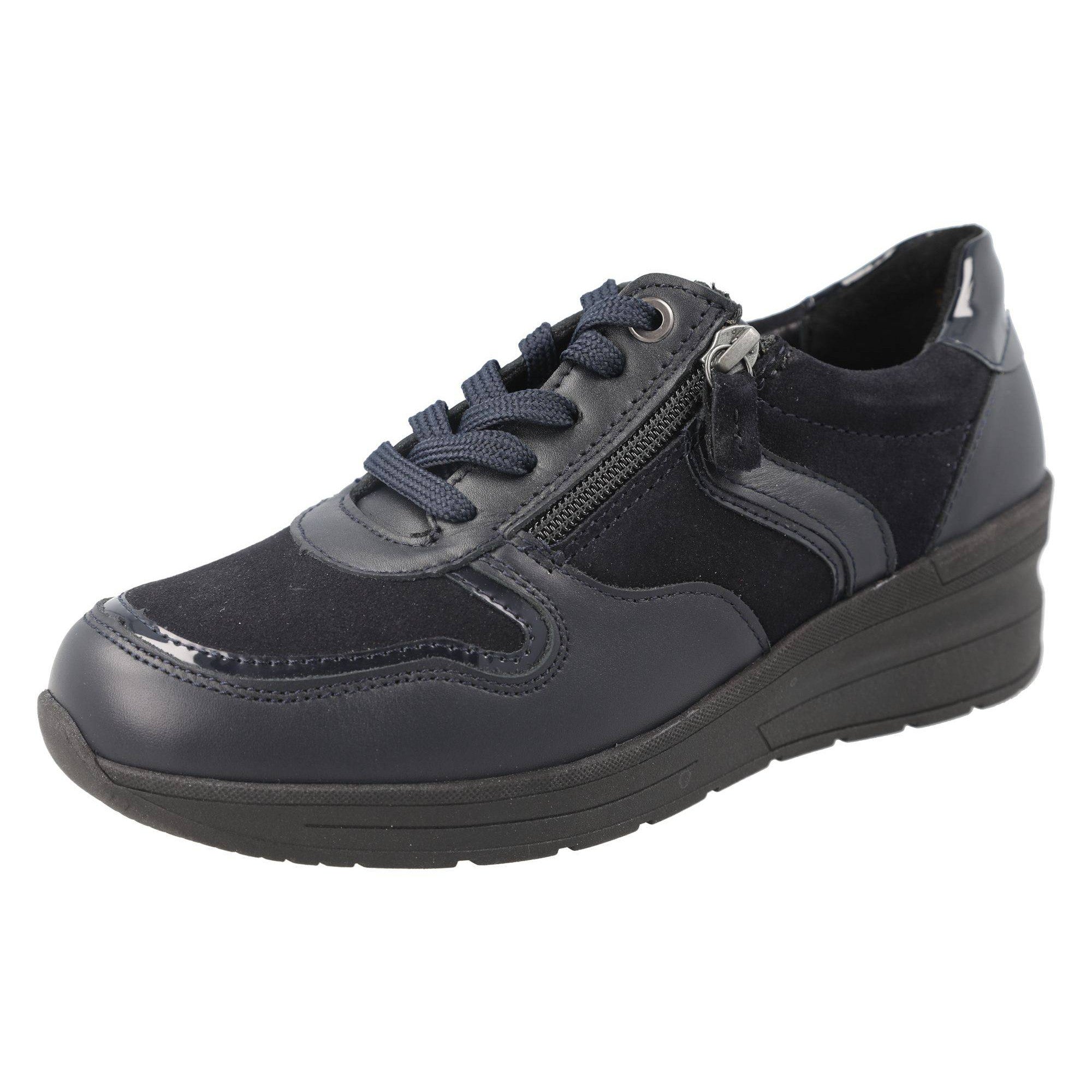 DB Shoes Fleet 2V Ladies Wide Navy Leather Zip & Lace Trainers-elevate your sole