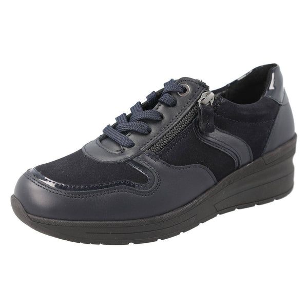 DB Shoes Fleet 2V Ladies Wide Navy Leather Zip & Lace Trainers-elevate your sole