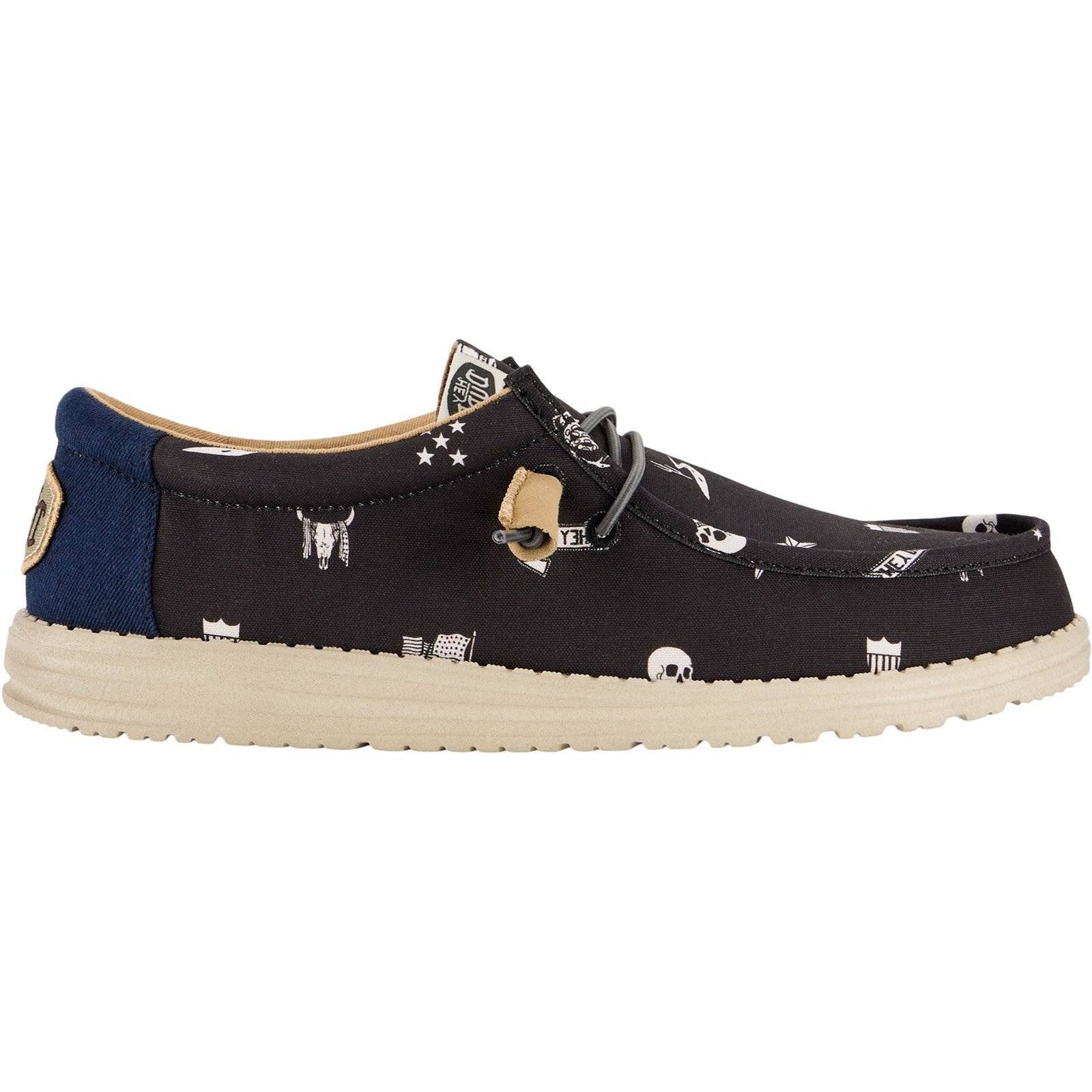 Dude Wally Stars n Skulls Shoe Mens Black Textile Slip On Shoes-elevate your sole