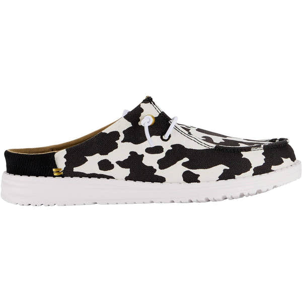 Dude Wendy Slip Classic Ladies White/Black Cow Print Textile Slip On Mules-elevate your sole
