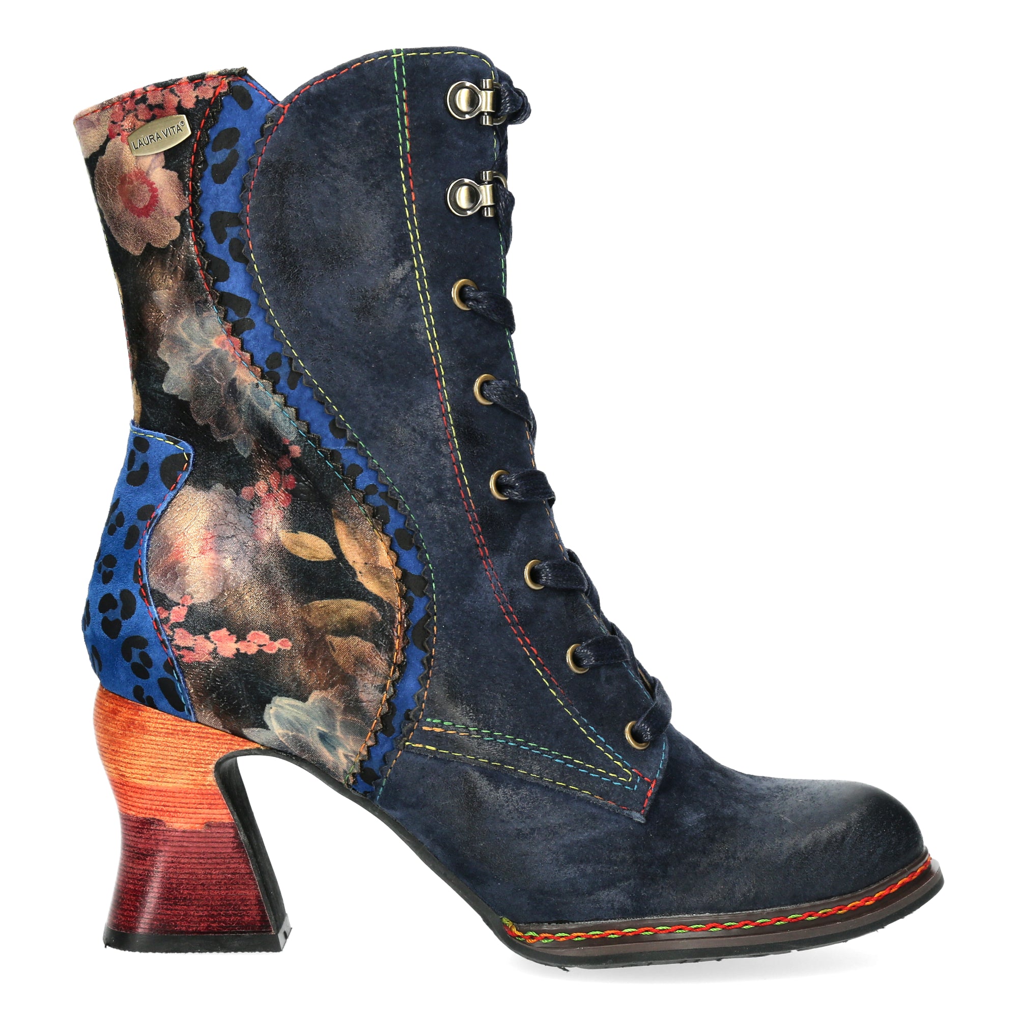 Bottines à talons Laura Vita Eleao 42 pour femme en cuir et textile bleu multicolore, avec zip et lacets