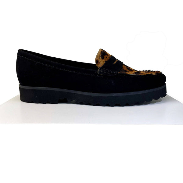 EYS 16529 Ladies Black Nubuck And Leopard Print Leather Slip On Loafers-elevate your sole