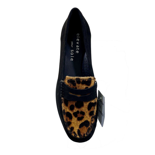 EYS 16529 Ladies Black Nubuck And Leopard Print Leather Slip On Loafers-elevate your sole
