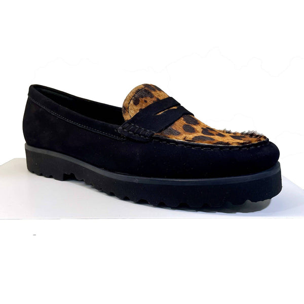 EYS 16529 Ladies Black Nubuck And Leopard Print Leather Slip On Loafers-elevate your sole