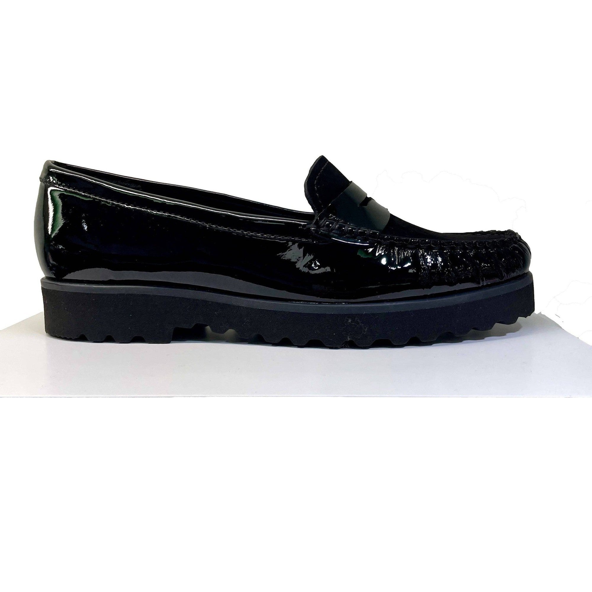 EYS 16529 Ladies Black Patent And Nubuck Leather Slip On Loafers-elevate your sole