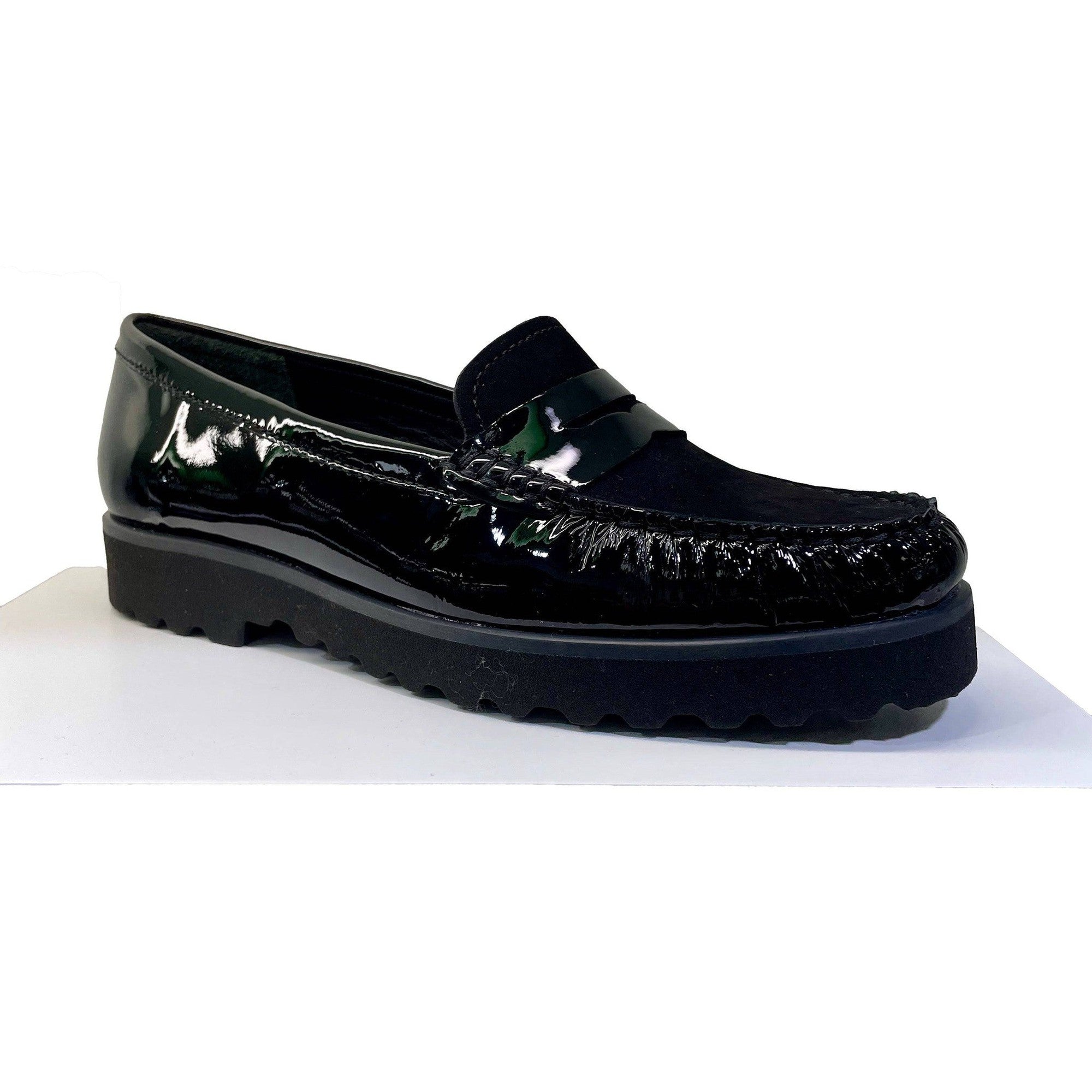 EYS 16529 Ladies Black Patent And Nubuck Leather Slip On Loafers-elevate your sole