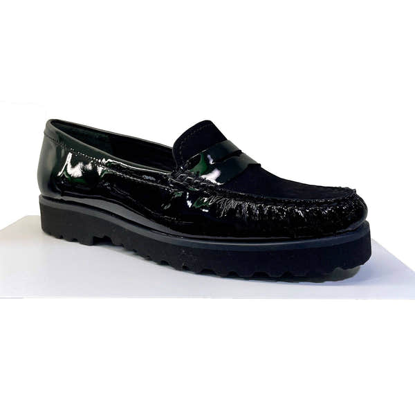 EYS 16529 Ladies Black Patent And Nubuck Leather Slip On Loafers-elevate your sole