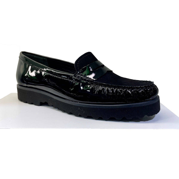 EYS 16529 Ladies Black Patent And Nubuck Leather Slip On Loafers-elevate your sole