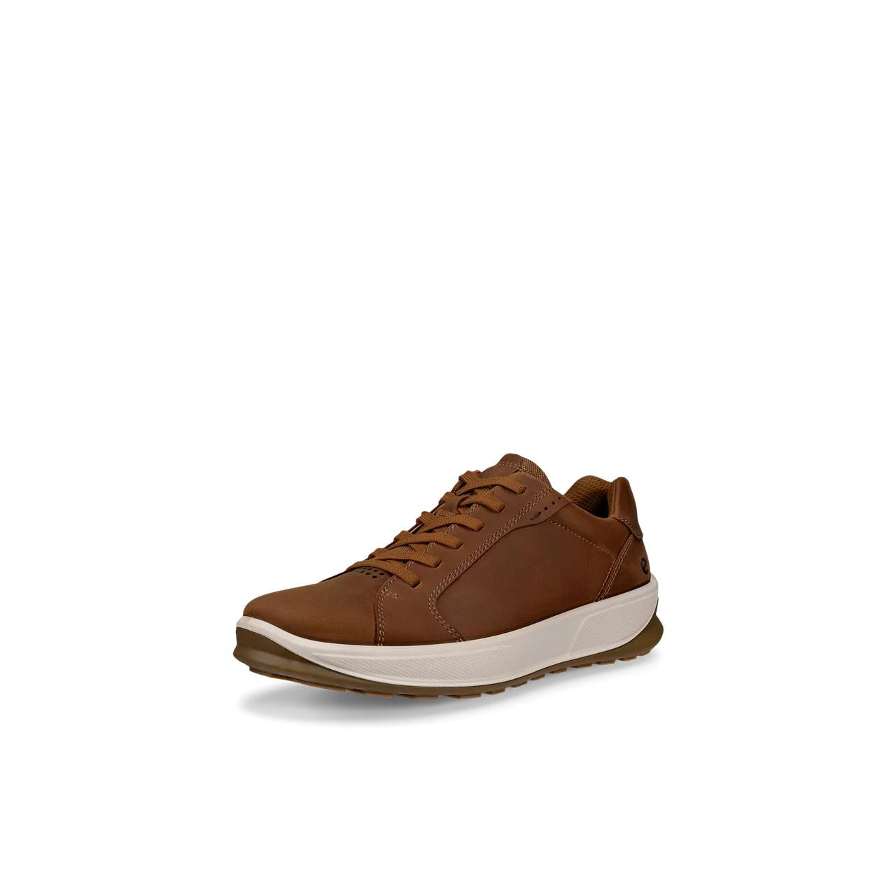 Ecco Byway 2.0 men's camel nubuck lace-up shoes with white midsole and rugged sole, stylish and comfortable for casual wear.