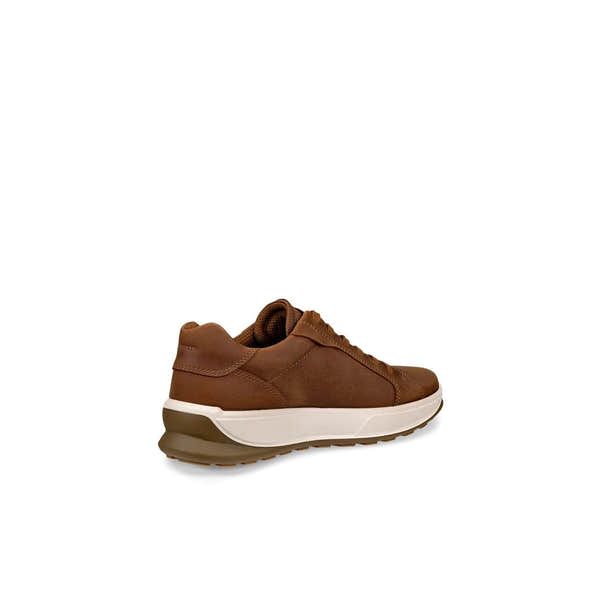 Ecco Byway 2.0 men's camel nubuck lace-up sneakers with white midsole and brown outsole.