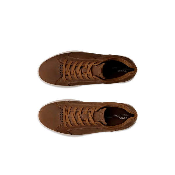 Ecco Byway 2.0 men's camel nubuck lace-up shoes, stylish casual sneakers with rounded toe and padded collar, top view.