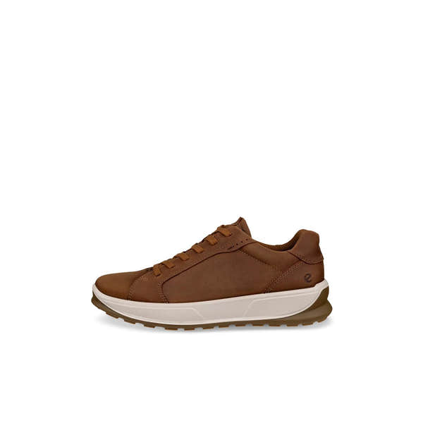 Ecco Byway 2.0 men's camel nubuck lace-up shoes with white and brown sole, stylish casual footwear.