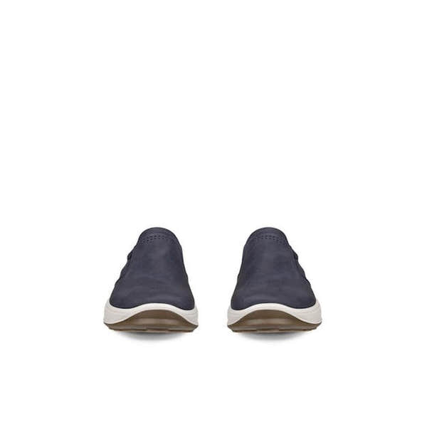 Ecco Byway 2.0 men's marine leather slip-on shoes with white soles, sleek casual footwear for men.