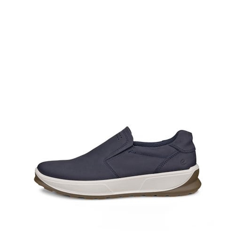 Ecco Byway 2.0 men's marine leather slip-on shoes with white and brown outsole, comfortable casual footwear.