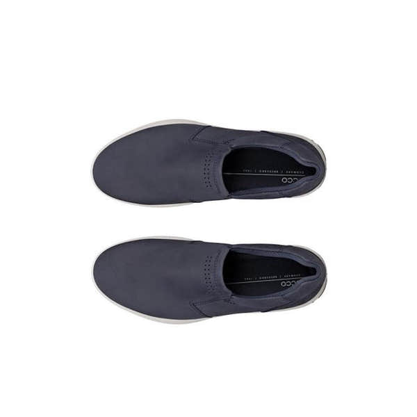 Ecco Byway 2.0 men's marine leather slip-on shoes, stylish dark blue with white soles, perfect for casual and maritime wear.