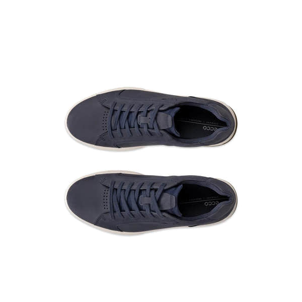 Ecco Byway 2.0 men's marine nubuck lace-up shoes, stylish sneakers with navy color and white sole, top view.