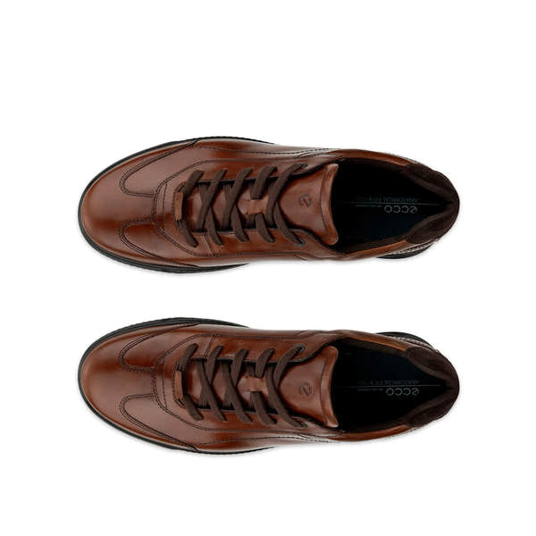 Ecco Byway M men's mink leather lace-up trainers, stylish brown athletic shoes with stitching detail, black soles, and rounded laces.