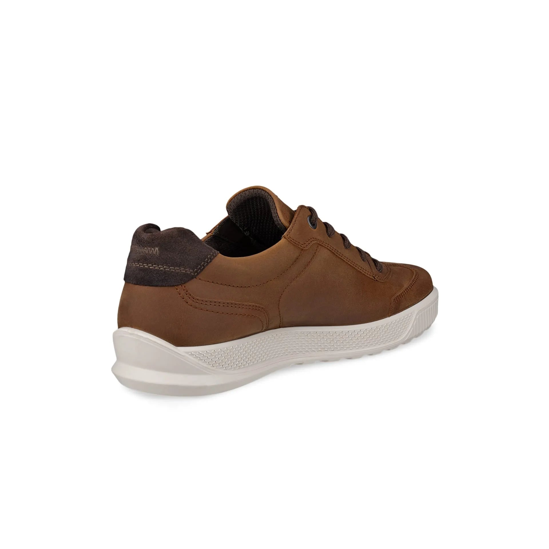 Ecco Byway M men's camel leather lace-up trainers with white sole and black accents, stylish casual sneaker.