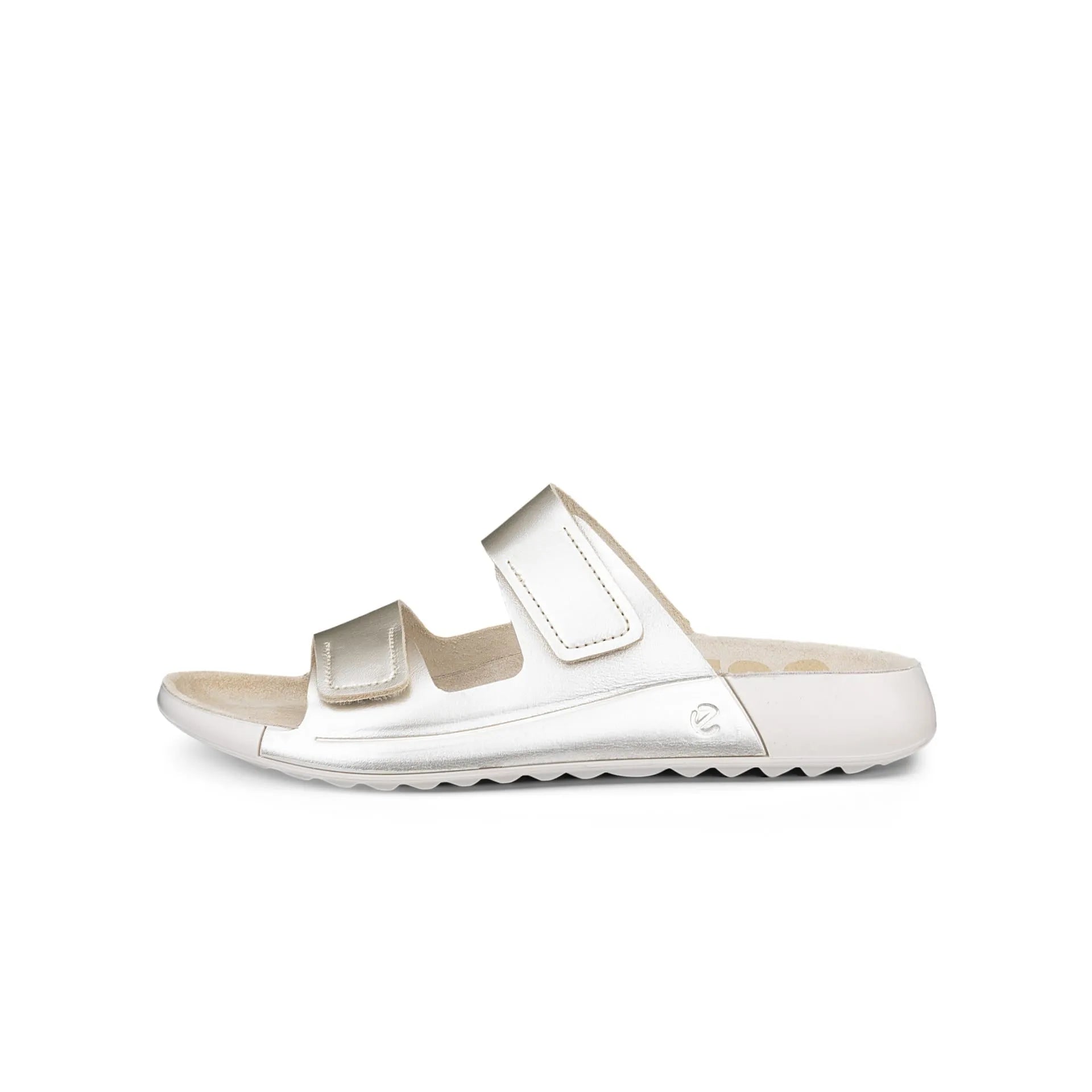 Ecco Cozmo W 2-Strap ladies white leather touch-fastening sandals with cushioned sole and open-toe design.