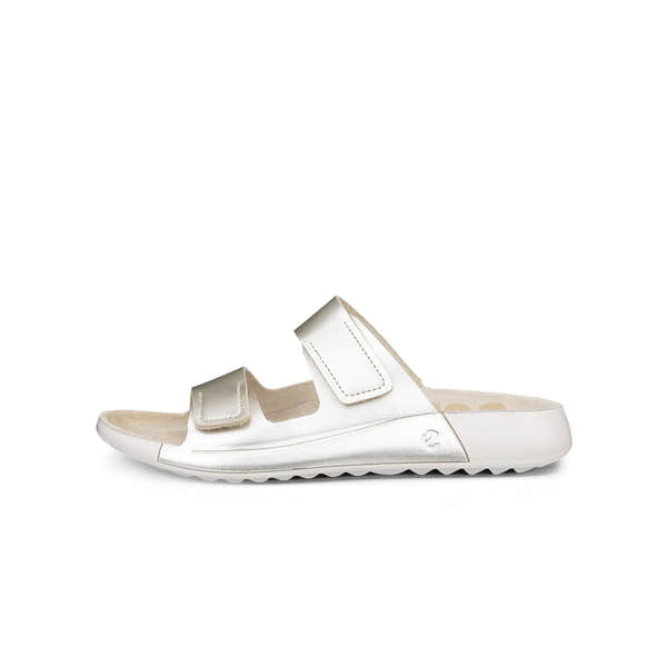 Ecco Cozmo W 2-Strap ladies white leather touch-fastening sandals with cushioned sole and open-toe design.