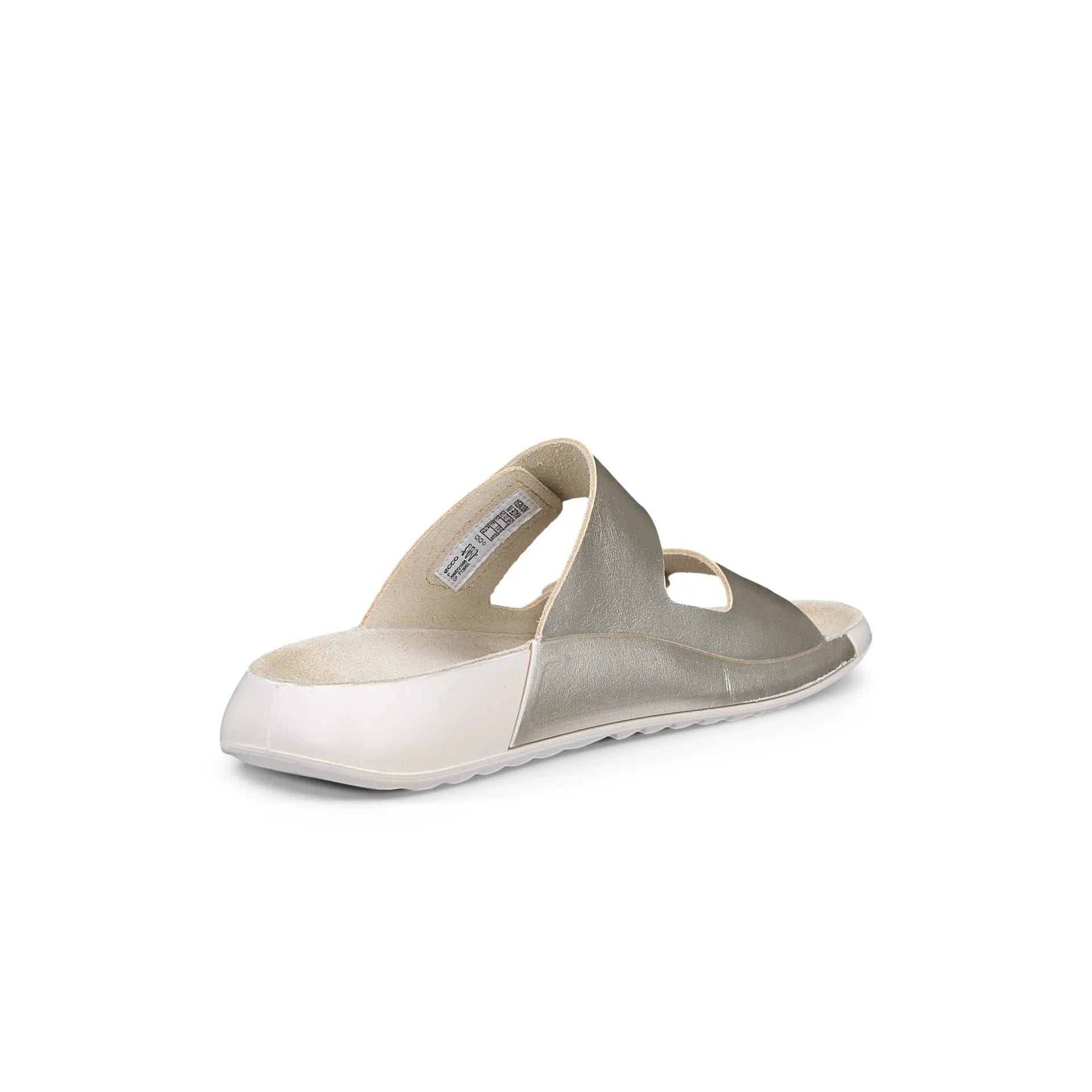 Ecco Cozmo W Ladies white and silver leather slip-on sandal with touch-fastening straps, no heel, and cushioned footbed.
