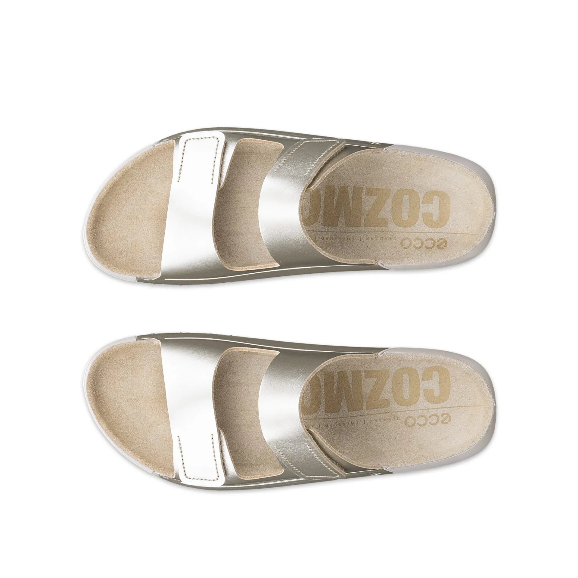 Ecco Cozmo W 2-Strap ladies white gold leather touch-fastening sandals, open-toe design with two straps and cushioned insoles.