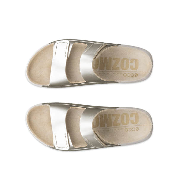 Ecco Cozmo W 2-Strap ladies white gold leather touch-fastening sandals, open-toe design with two straps and cushioned insoles.