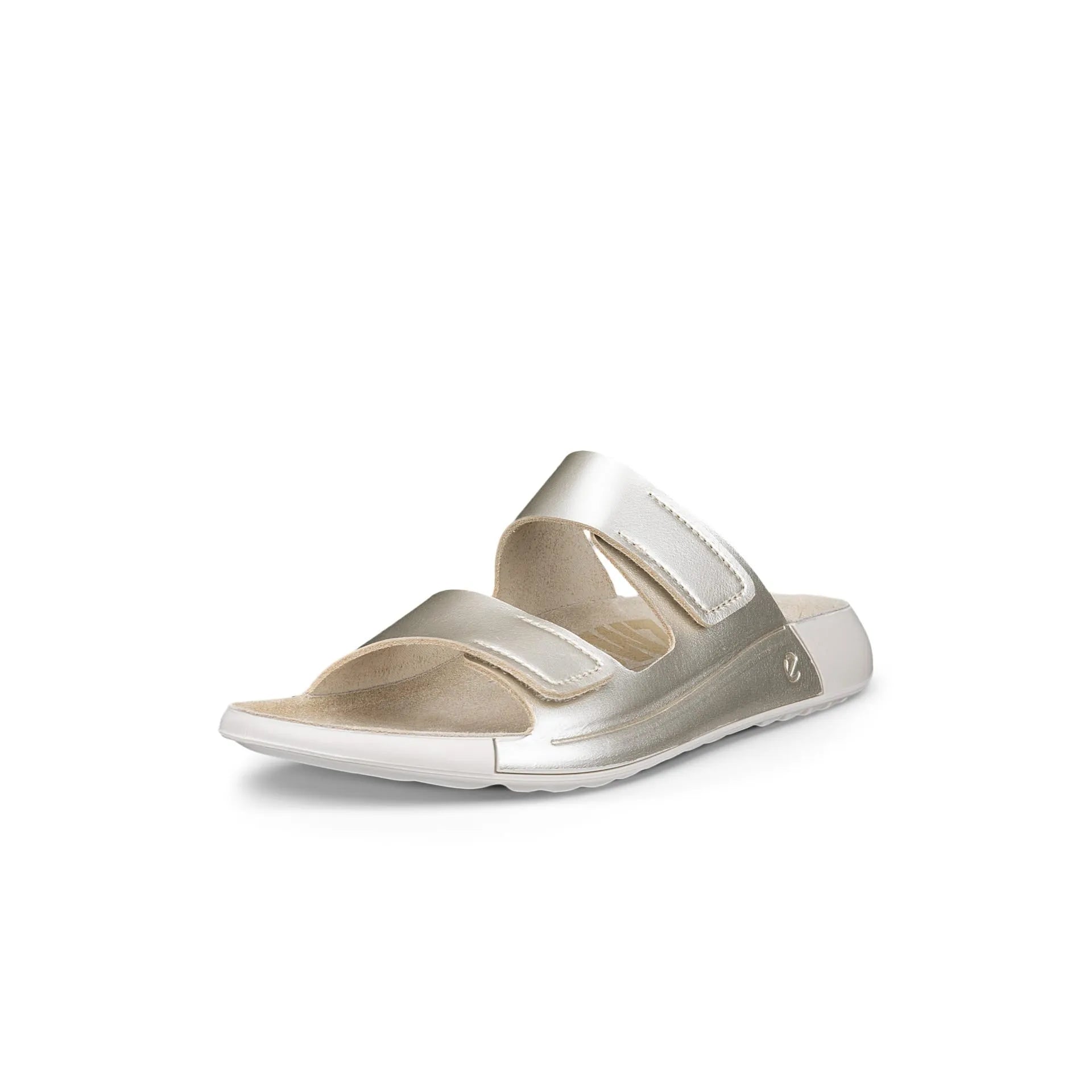 Ecco Cozmo W 2-Strap Ladies White Gold Leather Touch Fastening Sandals, open-toe slip-on slippers with adjustable straps.