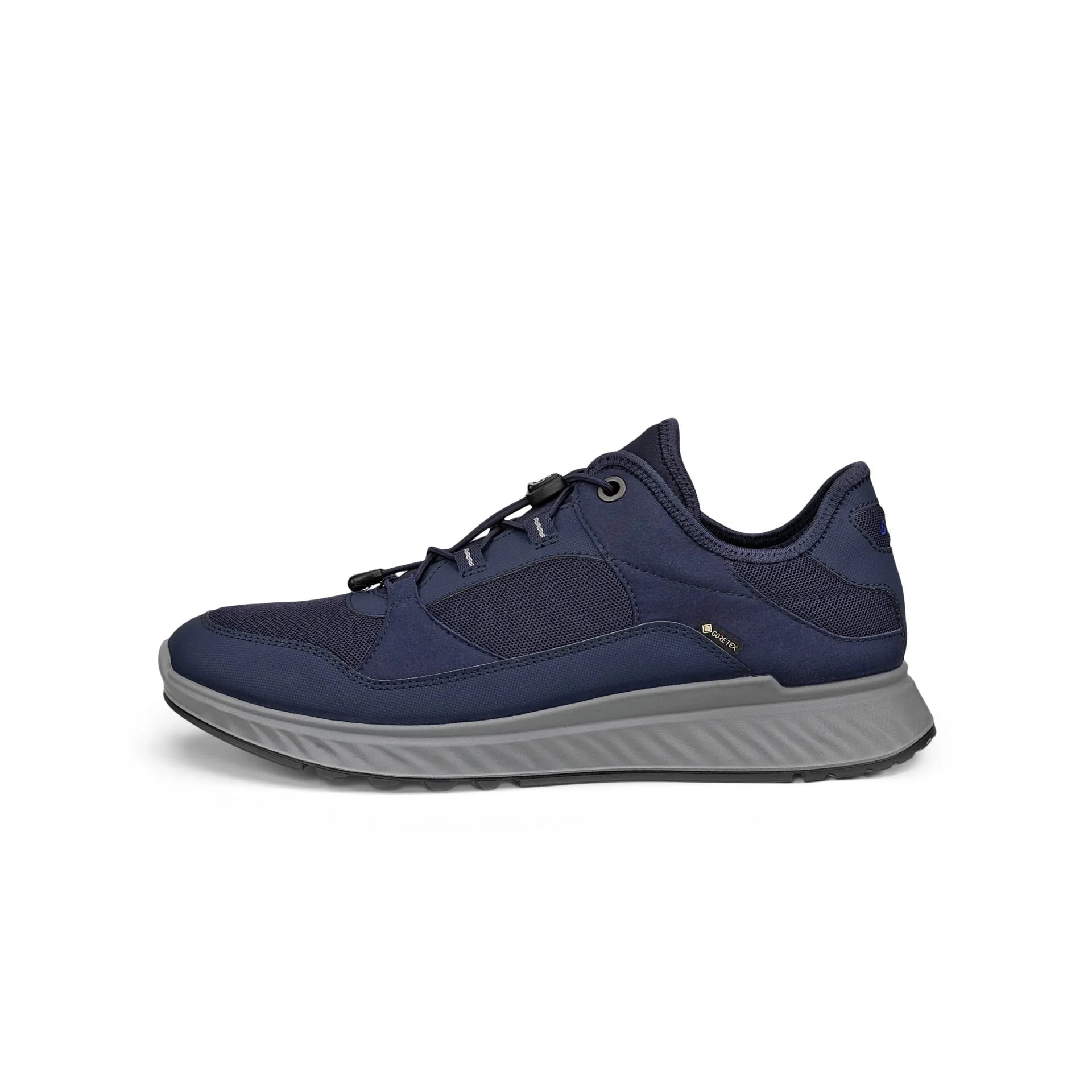 Men's Ecco Exostride M GTX TEX waterproof navy lace-up trainers with cushioned sole and GTX membrane.