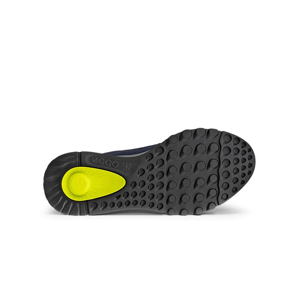 Ecco Exostride M GTX TEX men's waterproof navy lace-up trainers with black and neon yellow sole, Night Sky color, size 43.