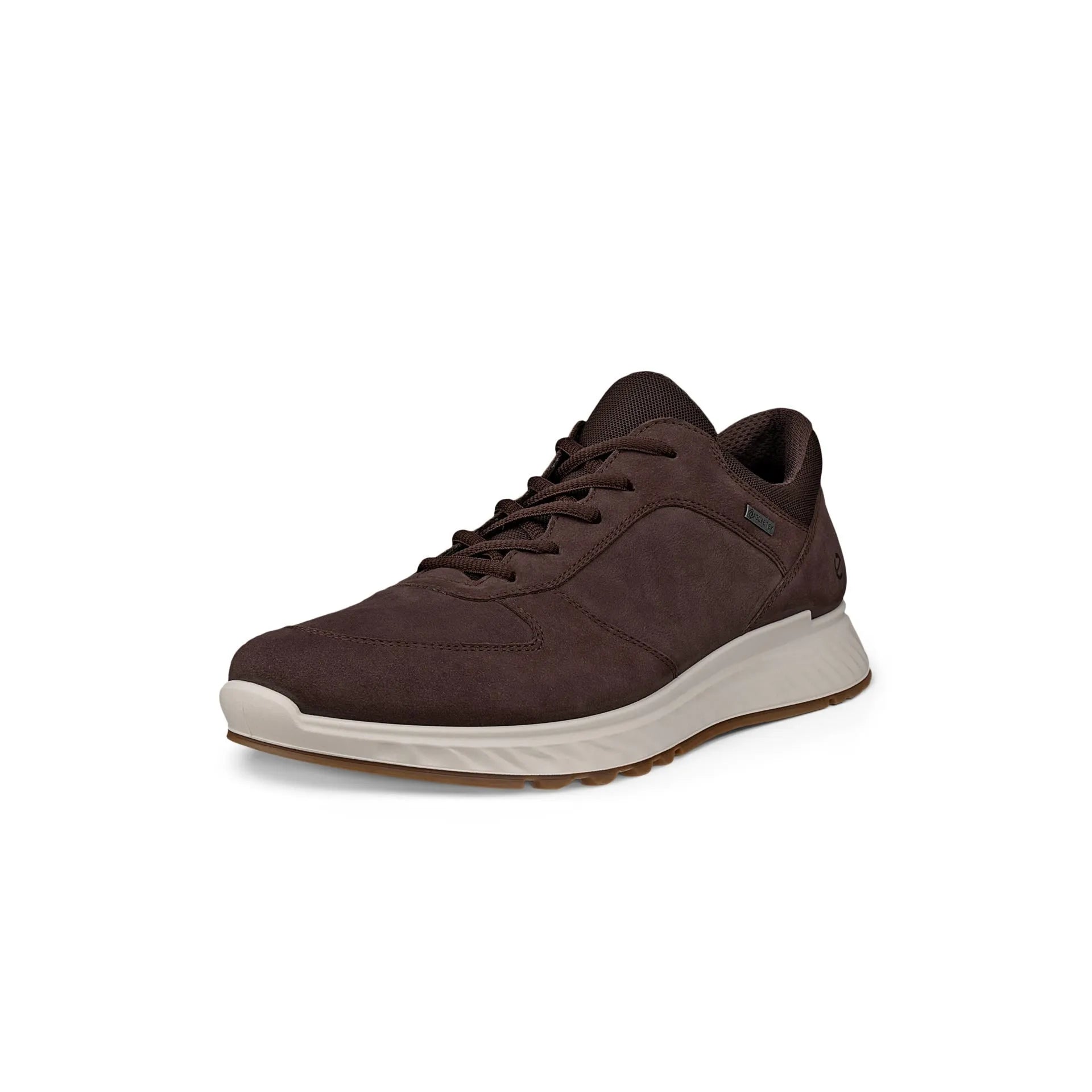 Men's Ecco Exostride M Low GTX Mocha leather waterproof lace-up trainers with cushioned white midsole.