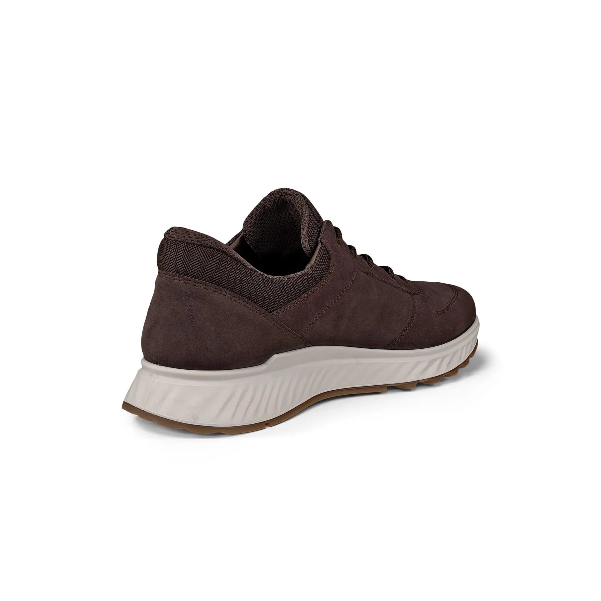 Ecco Exostride M Low GTX men's mocha leather waterproof lace-up trainers with cushioned white sole.